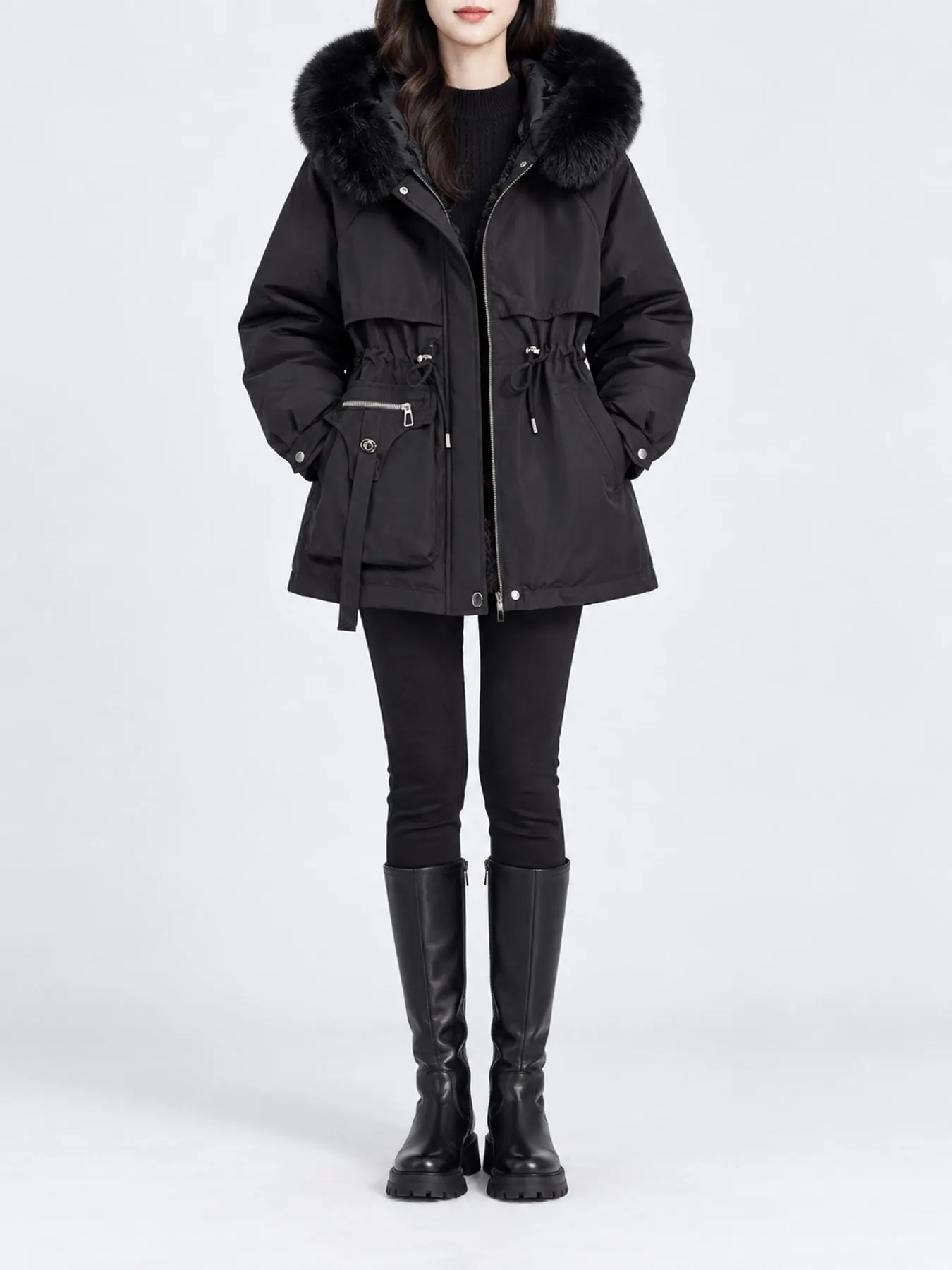 Plus Size Faux Fur Hooded Drawstring Waist Winter Parka Outerwear