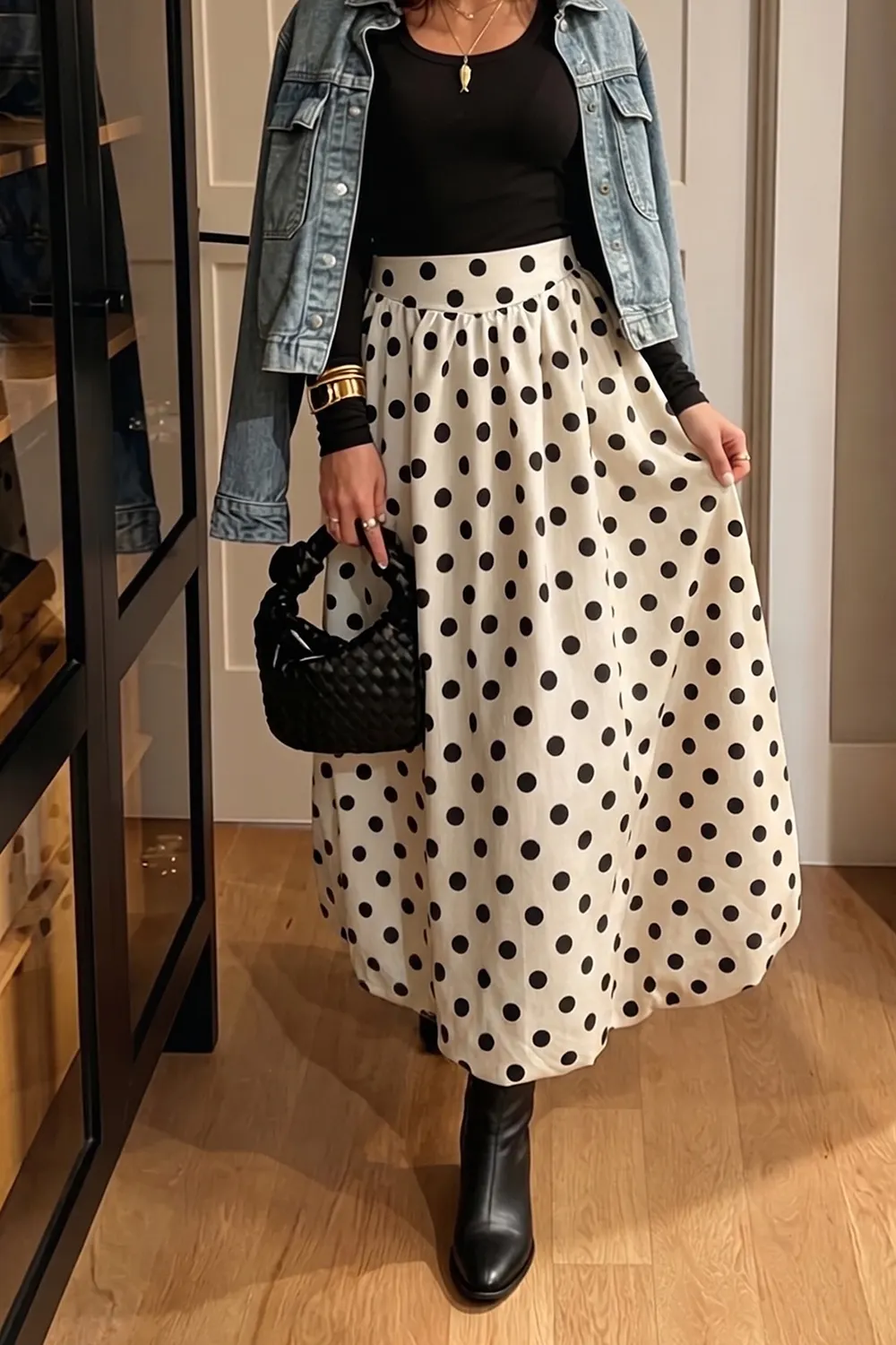 Polka Dot Bubble Hem Midi Skirt