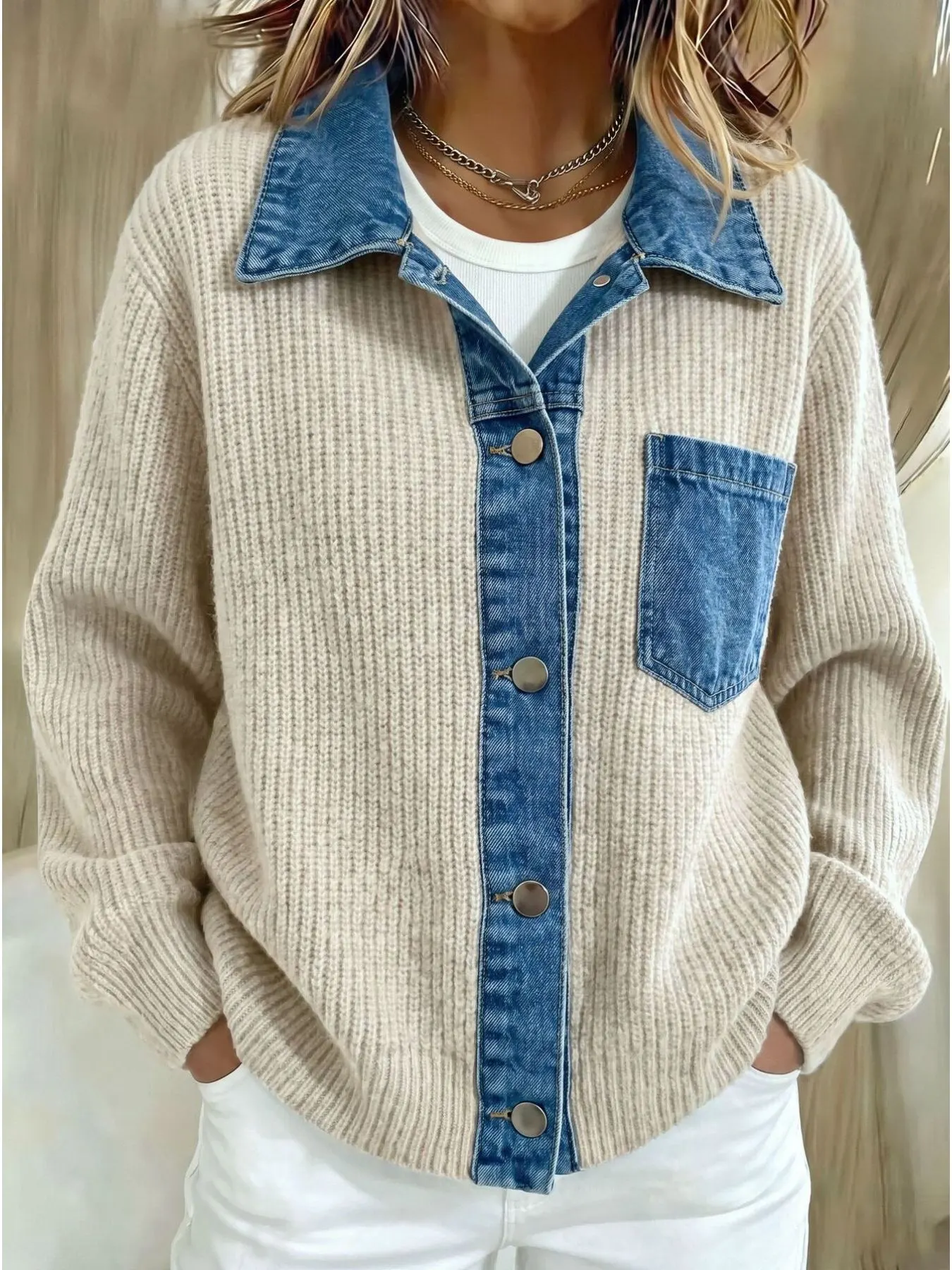 Denim Trim Button Up Cardigan